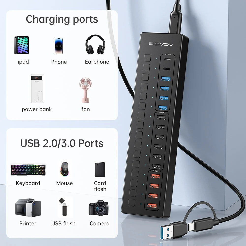 Acasis 16 Port USB-C 5Gbps Smart Charging Hub Splitter Powered Switch - Image 6