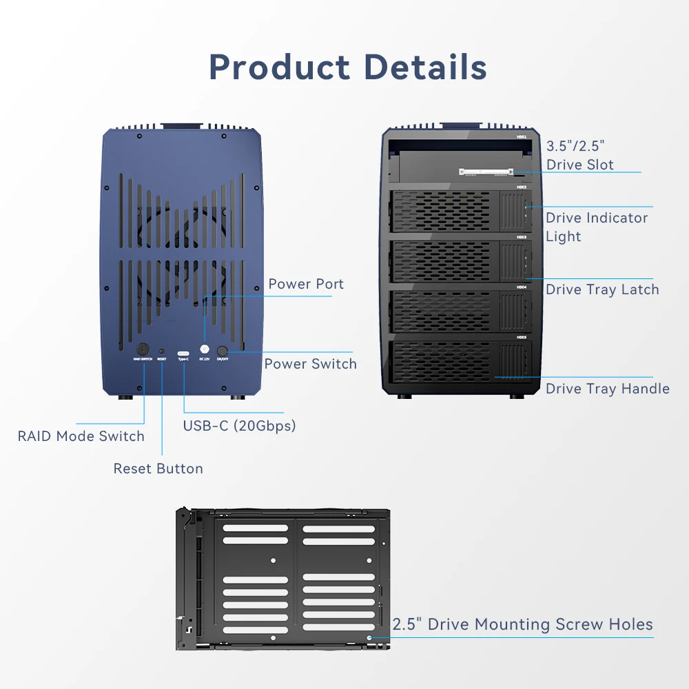 Acasis  20Gbps 5-Bay 2.5/3.5 Inch USB-C to SATA HDD RAID Enclosure - Image 8