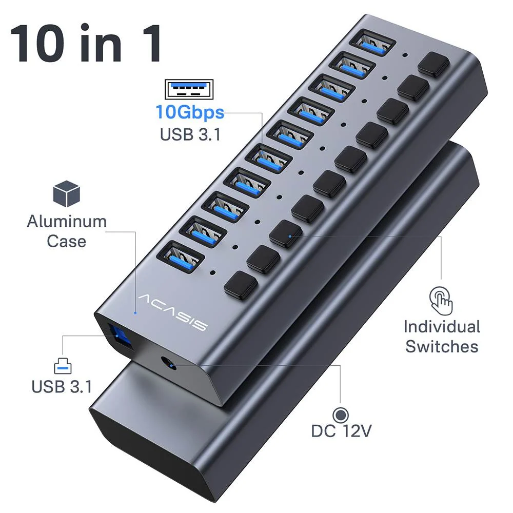 Acasis 10 Ports USB 3.1 Hub with Individual On/Off Switches Splitter - Image 3